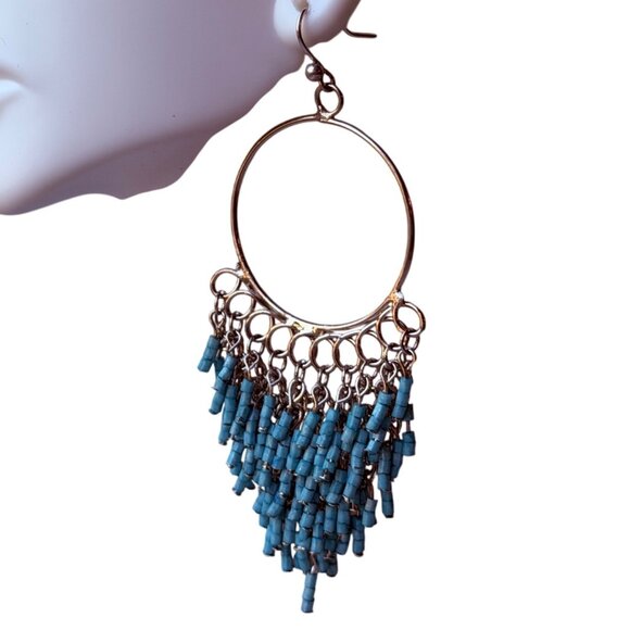 Vintage Chico;s Y2K Silver Hoop Earrings with Turquoise Seed Bead Fringe - Picture 4 of 8
